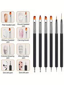 6pcs Black Multi-Functional Nail Brushes - Dot Painting, Line, Flat Head, Round Head, Suitable For Diy And Professional Use - Multicolor - View 5