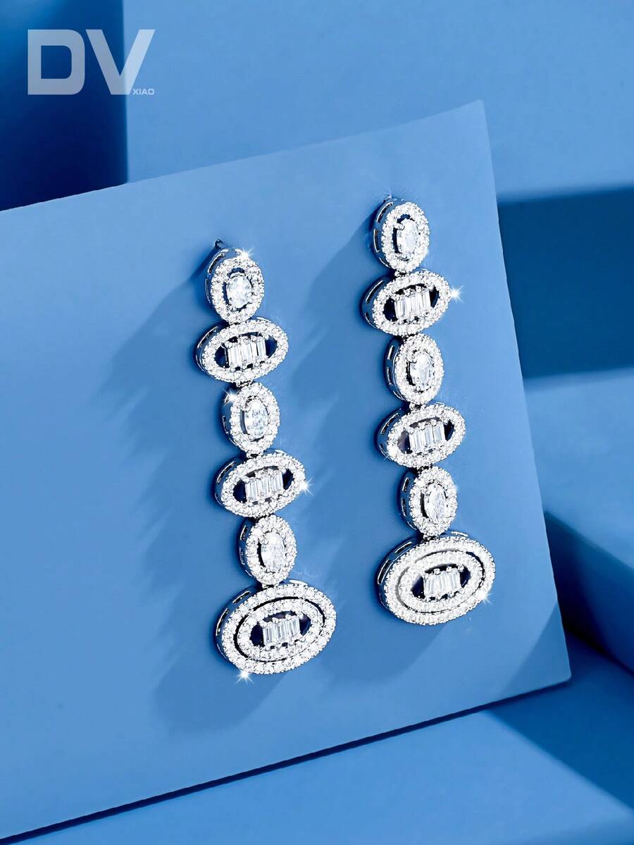 DV JEWELRY 1 Đôi bông tai mặt dây chuyền mạ vàng trắng đính đá Cubic Zirconia cao cấp, món quà trang sức thanh lịch dành cho phái nữ, thích hợp cho hẹn hò, đám cưới, tiệc tùng, kỷ niệm, kèm hộp quà. - Bạc - Xem 1