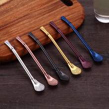 1支金属饮料吸管勺，双用途花形茶漏勺，不锈钢茶漏搅拌吸管，多功能双用途咖啡搅拌勺，可重复使用的厨房吧台配件，适用于咖啡、茶过滤、饮料，厨房工具（款式随机） - 查看 2