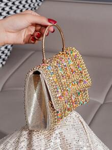 银色亮片水钻装饰手提包，优雅女士手拿包，做工精致，适合宴会、派对、正式场合 - 金色 - 查看 4