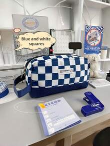 1个经典黑白棋盘格图案铅笔盒，大容量学生文具收纳袋 - 彩色 - 查看 7