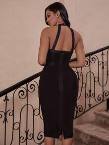 Summer Fashion Sexy Elegant Spaghetti Strap V Neck Ribbed Midi Bodycon Dress Sequin Slit Bandage Dress Green Night Out Evening Cocktail Party Dress For Women Wedding Spring Black - Black - View 5