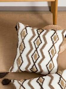 1件咖啡色波浪几何线条图案抱枕套，波西米亚帆布圆形天鹅绒刺绣流苏工艺，北欧风格，适用于卧室、客厅沙发、床头板、户外花园、节日派对装饰枕套，四季皆宜，30*50厘米，45*45厘米（不含枕芯）