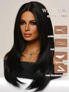 黑色中分长直假发，26英寸，女士自然直发假发，蓬松透气，耐热合成纤维假发，非常适合初学者打造时尚日常造型，完美适用于约会、拍照、角色扮演、优雅派对、音乐节、聚会等场合。 - 黑色 - 查看 5