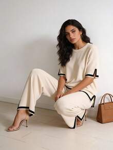 Conjunto de suéter de Punto de 2 Piezas para Mujer, Conjuntos elegantes de dos piezas para mujer, manga corta, sin botones, cintura elástica, pierna ancha - Albaricoque - Ver 4