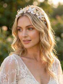 Handmade Mixed Metal Floral Hair Band, Elegant Alloy Leaf & Faux Pearl Headpiece, Gold Base Flower Hair Jewelry Head Accessories Headband For Women ,Diadema ,Hair Hoop - Multicolor - View 4