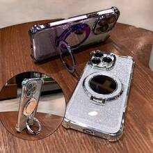 Luxury Bling Electroplated Phone Case Compatible With IPhone17 Promax 16 Pro 16e 15 14 13 12 Compatible With Samsung Galaxy S25Ultra S24Ultra S23Ultra S22Ultra - Women's Fashion Sparkle Cover With Mirror & Foldable Stand, Full Body Shockproof Anti-Fall Cover - Black - View 7