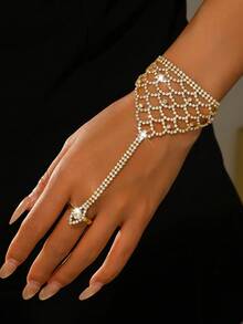 1 pieza Cadena de dedo versátil y con estilo con rhinestones, adecuada para que las mujeres la lleven puesta en bodas, banquetes, fiestas y en la vida diaria - Dorado - Ver 14