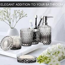 5-Piece Diamond-Cut Glass Bathroom Accessories Set, Includes Soap Dispenser, Soap Dish, Toothbrush Holder, Tumbler & Cotton Swab Jars, Modern Crystal Decor For Bathroom - Housewarming Gift - 透明漸變 - 查看 7