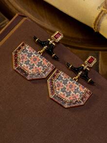 1 Đôi bông tai cổ điển đính đá lấp lánh hình hoa và hình học, kiểu dáng retro thanh lịch, phù hợp cho phụ nữ dự tiệc hàng ngày, làm quà tặng và phụ kiện dạ hội. - Đỏ - Xem 3