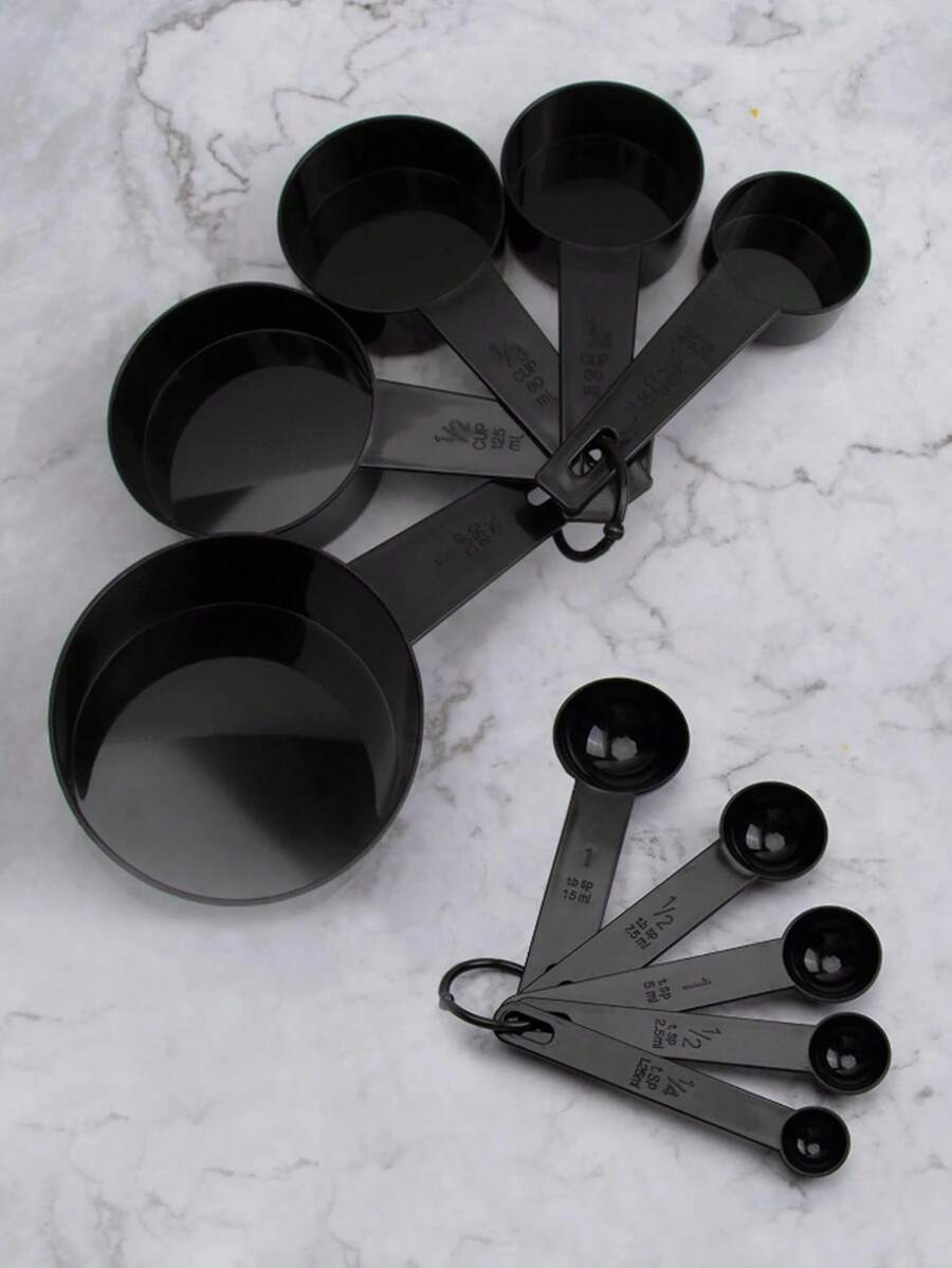 10pcs Plastic Measuring Cup And Spoon Set, Baking Measurement Tools With Markings, Black Measuring Cup And Spoon Set