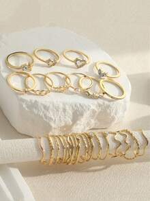 28Pcs/Set Bohemian Element Punk Style Geometric Ring Set, Stackable Single Fashion Ring Jewellery, Heart Design Women's Party Accessories