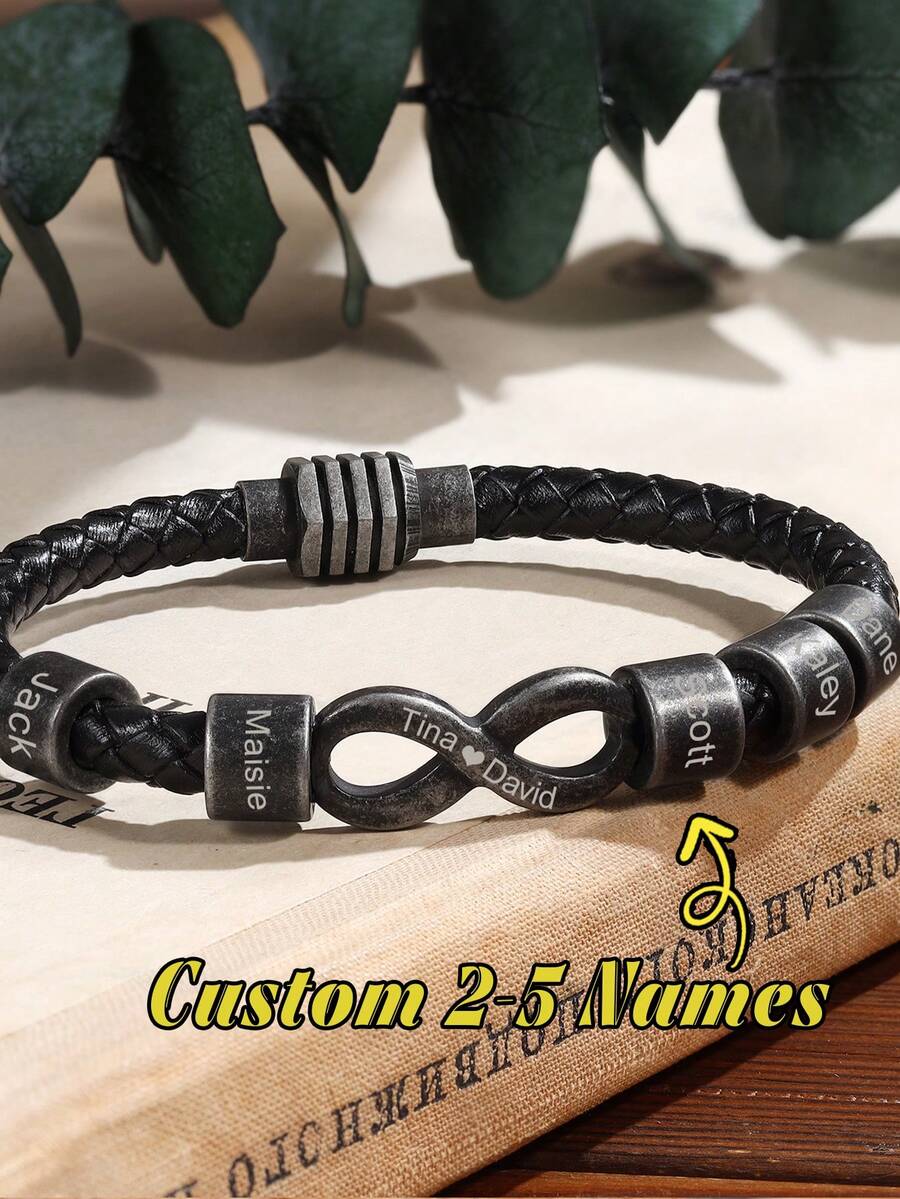 1pc Customizable Father's Day Gift, Dad Bracelet Engraved With Child's Name, Personalized Father Bracelet, Family Jewelry, Family Surname Bracelet, Husband Gift - Grey - View 1