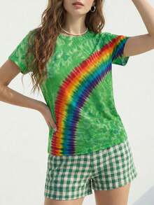 LOVE JOYY Women's Green Round Neck Short Sleeve T-Shirt, Casual & Comfortable, Rainbow Graphic, Ideal For St. Patrick's Day Parties & Summer Outings - Multicolor - View 3