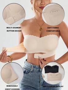 1pc Women's Strapless Push-Up Bandeau Bra - No Underwire, Removable Padding, High Lift & Seamless Design With Ruffled Edges & Front Closure, Soft Comfortable Everyday & Special Occasion Elegant Lingerie, Washable (Light Beige) - 杏色 - 查看 2