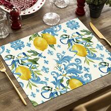 1/4 套复古柠檬图案亚麻印花餐垫，农舍风格杯垫，现代可洗餐垫，厨房桌布，咖啡垫，适用于厨房、餐厅、婚礼、家居装饰、房间装饰、桌面装饰、节日派对，是理想的礼物 - 彩色 - 查看 24