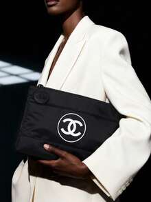 CHANEL Materiel Cosmetic Bags , Signature Logo Makeup Pouch In Black And White, Down Cotton Material, Travel Organizer - Black - View 2