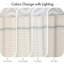 Boho Shower Curtain Modern Farmhouse Shower Curtain Set With Tassels Rustic Faux Linen Green Striped Shower Curtain With Hooks Light Tan Toned 72x72 Inches - 條紋藍 - 查看 5