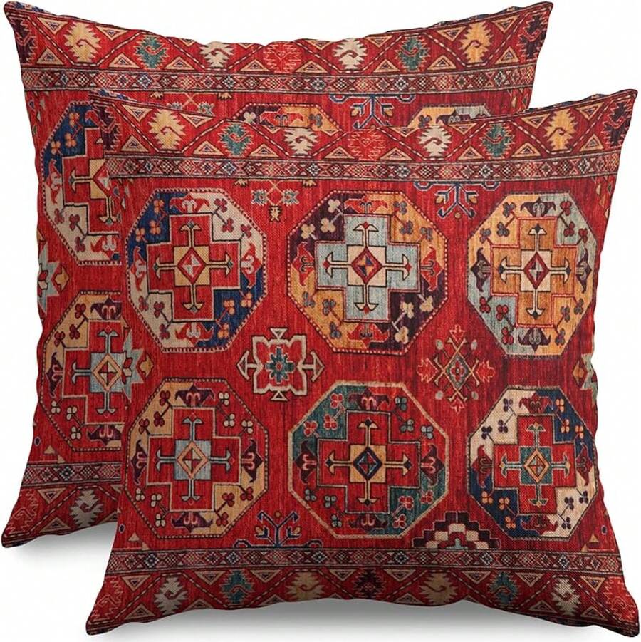 Sage Green Boho Throw Pillow Covers 18 X 18 Inch Pack Of 2, Bohemian Pattern Decorative Pillow Cases Vintage Outdoor Linen Farmhouse Cushion Covers Bedroom Home Sofa Decor, Decor - 銹紅色波西米亞風 1 - 查看 1