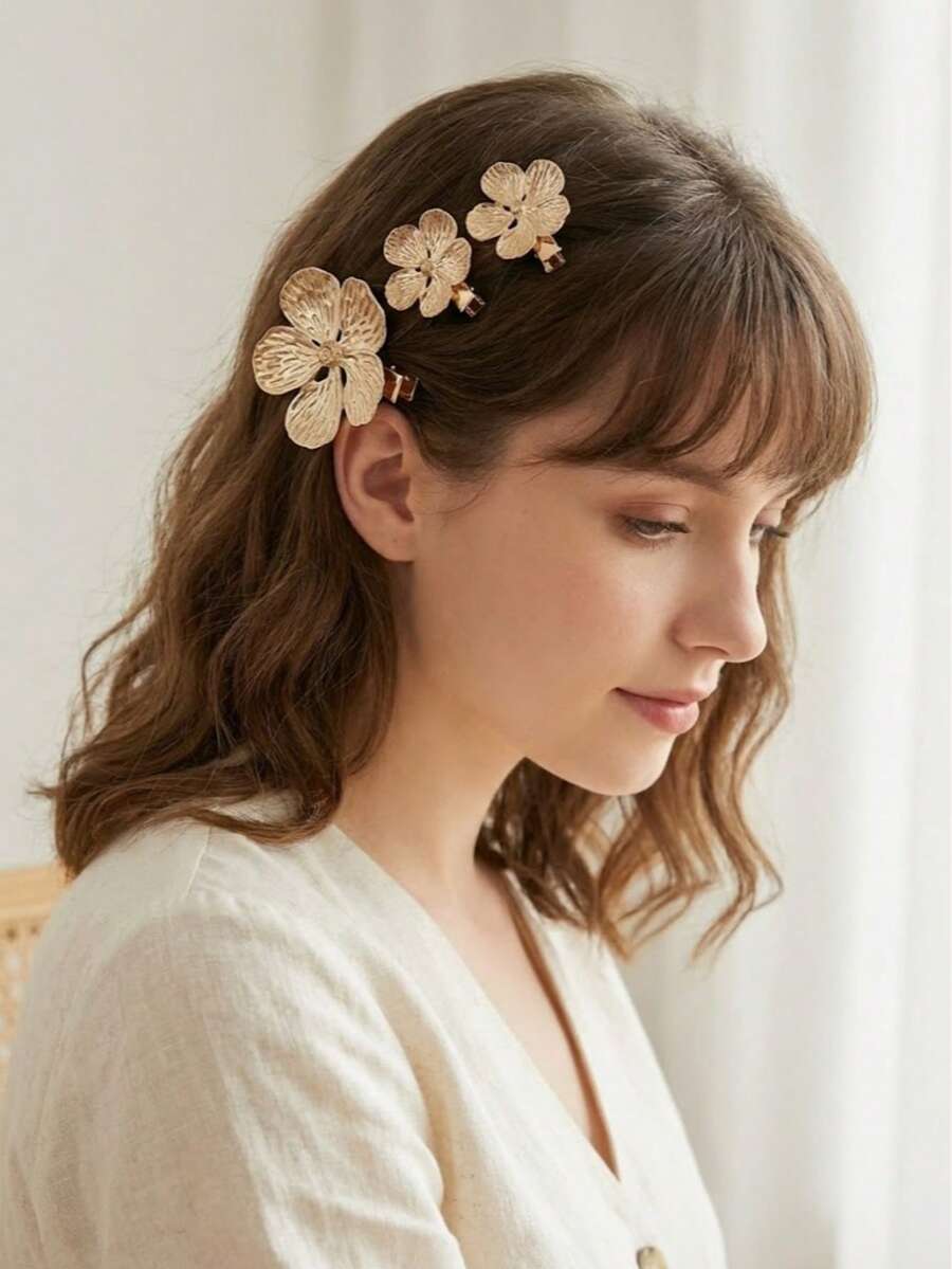 3pcs Elegant Gold Textured Metal Flower Shaped Hair Clips, Retro French Style Duck Bill Flower Hair Clips, Suitable For Women And Girls Daily Wear, Hairpin, Accessories