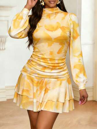 2026 Vår Ny Elegant Avslappnad Alla hjärtans dag Gul & Vit Ombre Mönstrad Meshklänning: Hög Halsringning Puffärm + Rynkad Midja + Lagerbeklädd Minikjol, Ruffle Fåll, Lämplig För Dejtkväll, Sammankomster, Fest, Alla hjärtans dag och Andra Utflykter