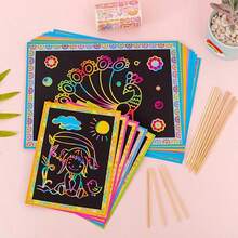 10pcs/Set Scratch Art Kit With Wooden Stylus, Reveal Vibrant Color Patterns, Great For Coloring And Doodling, Comes With Creative Drawing Board, Ideal Holiday Gift - Multicolor - View 8