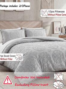 2pcs/3pcs Grey Hollow Out With Grey Pom Pom Duvet Cover Set (1 Duvet Cover + 2 Pillow Shams, No Filling), Soft & Skin-Friendly Polyester Fiber, Suitable For Bedroom, Master Bedroom, Guest Room Use All Year Round - Silver - View 3