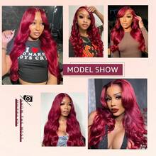 28英寸 13x4 波浪卷蕾丝前假发，真人发前额假发，200% 密度，不掉发，适用于 13x4 蕾丝前假发，混合发丝，预先拔毛，带婴儿绒毛，自然酒红色 99j - SBUG - 查看 9