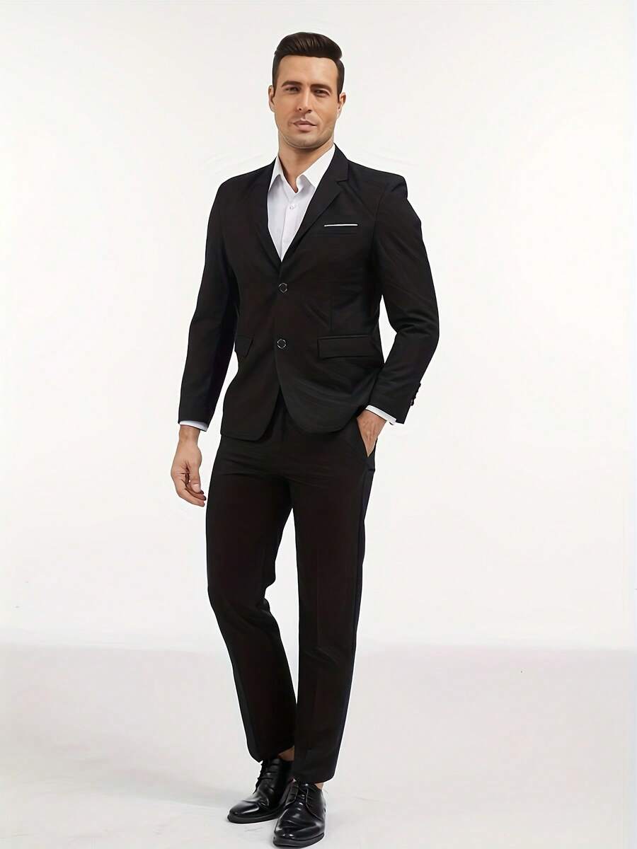 Men's Slim-Fit Black Formal Suit 2-Piece Jacket And Pants Set, Suitable For Office And Wedding Party Business Attire, Featuring Pocket Details Design - màu đen - Xem 1