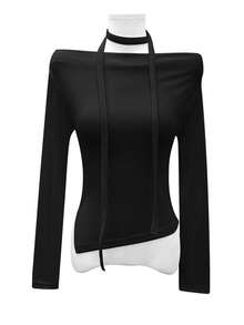 Korean Style Sexy Off Shoulder Asymmetrical Fitted T-Shirt With Neck Scarf Casual Black - Black - View 3