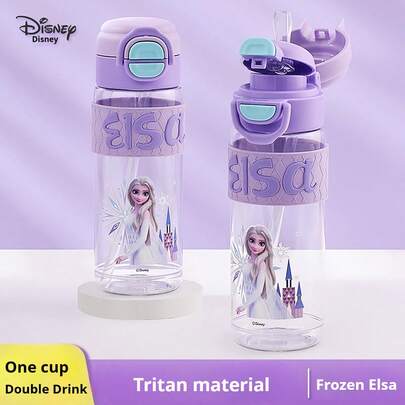 Disney Tasse à eau en plastique mignonne de la princesse  de La Reine des Neiges avec double paille, parfaite pour la maison et les déplacements