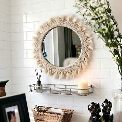 1pc Macrame Wall Hanging, Boho Style Round Macrame Mirror, Handwoven Acrylic Makeup Mirror, Living Room/Bedroom Wall Decor Round Tapestry