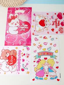 50个可爱情人节塑料礼品袋，卡通动物和情侣图案，带提手设计，适合浪漫礼物 - 彩色 - 查看 6