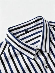 Camisa de manga larga a rayas de negocios casual para hombre, negra - Negro - Ver 5