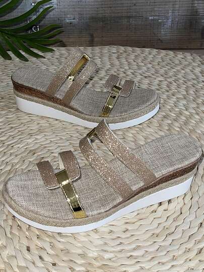 1 Pair Girl's Bohemian Style Flat Thick-Soled Sandals, Glitter Patchwork Slip-On Shoes, Fashion Woven Rope Platform Wedge Sandals, Comfortable Breathable Versatile Simple Open-Toe Shoes, Suitable For Teenage Girls, Spring/Summer Fashionable Versatile Thick-Soled Beach