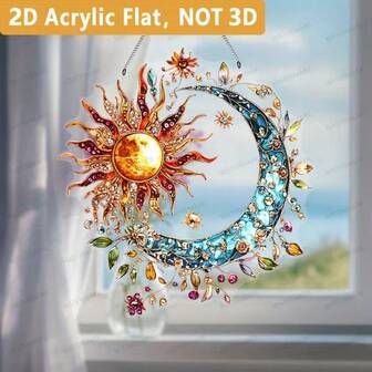 1pc 2D Flat, Bohemian Moon And Sun Acrylic Light Catcher, Crescent-Shaped Colorful Floral Design, Wall Or Window Hanging Decoration, Holiday Embellishment, Porch And Home Decoration, Ideal Gift For Family And Friends, Moon Decoration
