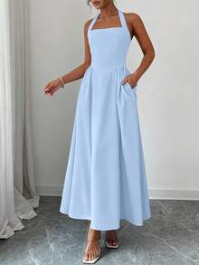 Women's Summer Casual Sleeveless Strapless Maxi Dresses Flutter Wedding Dresses Beach Holiday Dresses - Màu xanh nhạt - Xem 4