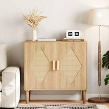 Techigher Rattan Cabinet, Buffet Cabinet With 2 Doors & Adjustable Shelves, Sideboard Buffet For Hallway, Entryway, Living Room, Or Kitchen - Wood Color - View 2
