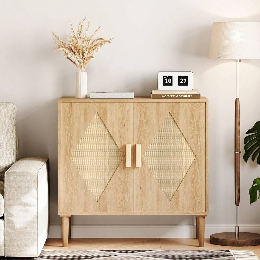 Techigher Rattan Cabinet, Buffet Cabinet With 2 Doors & Adjustable Shelves, Sideboard Buffet For Hallway, Entryway, Living Room, Or Kitchen