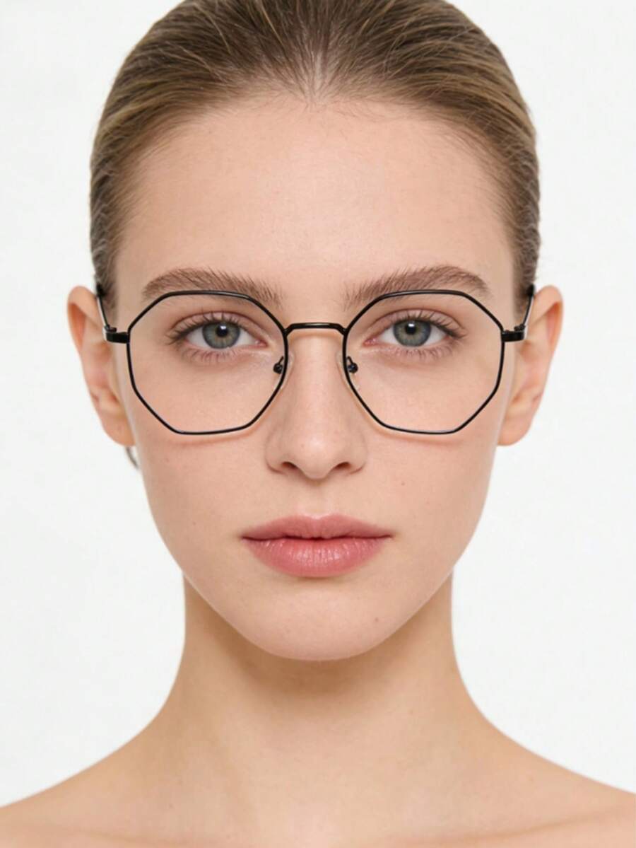 1pc Women's New Simple Full Frame Versatile Polygon Black Frame PC Optical Glasses, Suitable For Daily, Office, Party Wear - Black Frame - View 1
