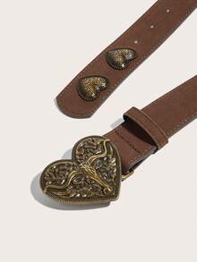 1件女士棕色新款雕花牛头时尚扣环牛头装饰天鹅绒PU腰带，适用于连衣裙、外套、牛仔裤等，百搭西部风格日常配饰 - 棕色 - 查看 4