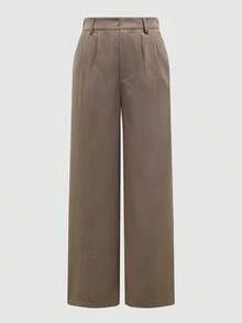 SMILE CHIC PETITE Back To School Vintage High-Waisted Suit Pants, Lightweight Breathable Loose Fit Slimming Straight Leg Trousers, Versatile For Spring/Summer Commute & Casual Wear - Coffee Brown - View 9