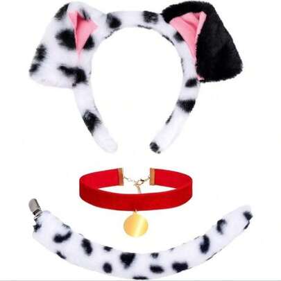 1/2/3-delige Dalmatiër hondenkostuumset voor volwassenen, inclusief hoofdband met puppy-oren, hondenstaart en rode halsband, geschikt voor studenten, vrouwen en als Halloween-accessoire.