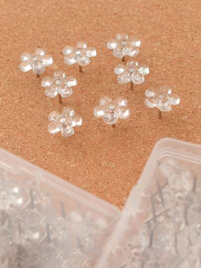 100pcs Transparent Plastic Plum Blossom Shaped Pushpins, Steel Tip, Suitable For Bulletin Board, Office, Home, Photos, Calendar, Map Display, Back To School Supplies, School Supplies, Office Supplies