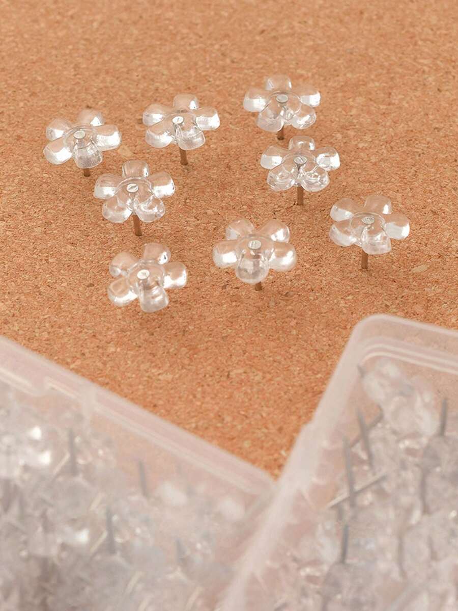 100pcs Transparent Plastic Plum Blossom Shaped Pushpins, Steel Tip, Suitable For Bulletin Board, Office, Home, Photos, Calendar, Map Display, Back To School Supplies, School Supplies, Office Supplies - Multicolor - View 1