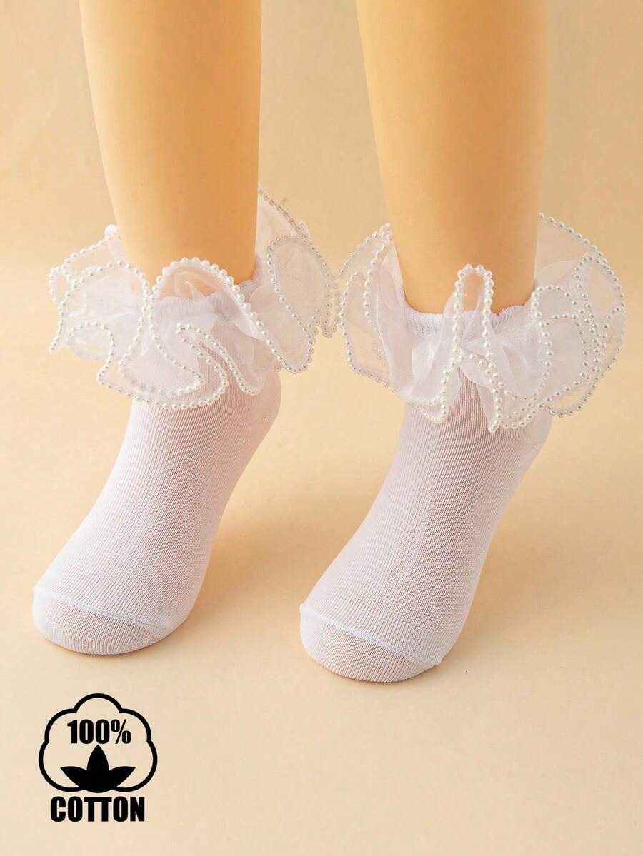 1 đôi tất ngắn ren đính ngọc trai cho bé gái, kiểu dáng công chúa thanh lịch, thích hợp cho trang phục dự tiệc. - trắng - Xem 1