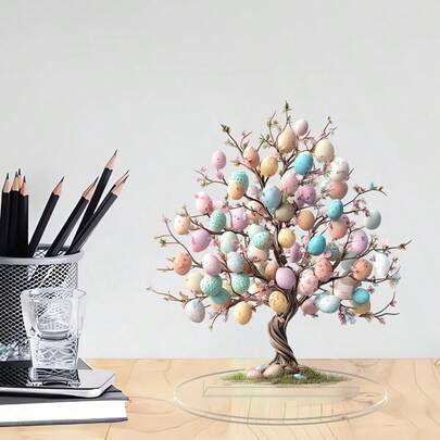 优雅亚克力彩色彩蛋树装饰品 - 透明2D装饰，非常适合作为生日和毕业礼物，多功能桌面摆件