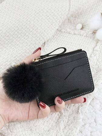 With A Pom-Pom Charm,Black Letter Mini Purse Pocket Wallet Fashion Minimalist Card Holder Slim Lightweight Portable Cash Money ID Card Credit Card Coin Pocket For Birthday Gift Women Teenagers For College Student School Student Men Male