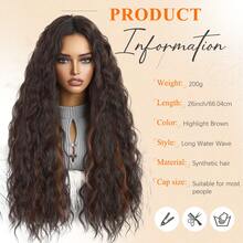 150% 密度女士长款波浪卷发假发 - 黑色 Kanekalon 高温丝，可调节帽围，适合所有肤色，浓密卷发，无蕾丝高温丝全头假发，适合日常佩戴 - 挑染棕色 - 查看 3