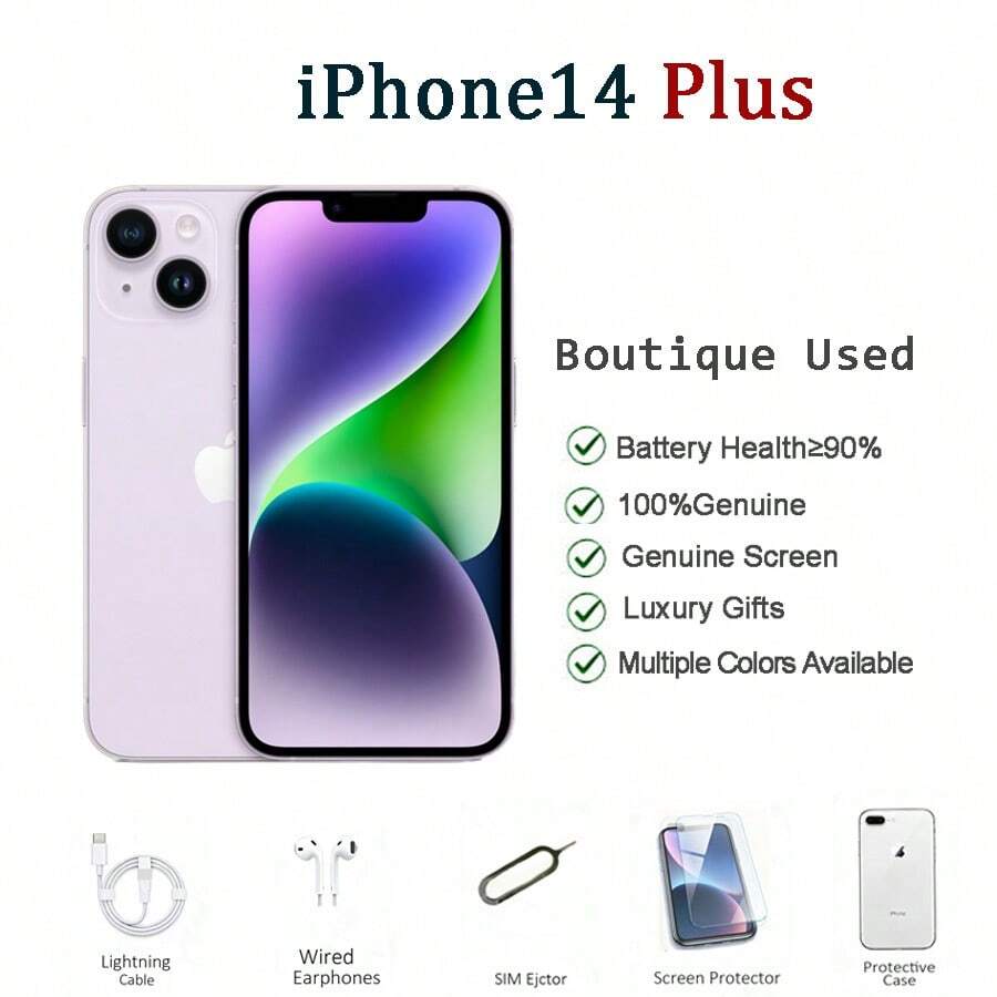Apple 成色极佳（95%新）的二手苹果 iPhone 14 Plus，256GB/512GB，6.7英寸双卡双待智能手机，电池续航能力强，适合户外活动、短途旅行、摄影和通讯。